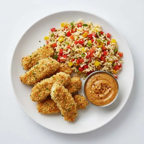 Golden Chive Chicken Goujons With Roasted Vegetable Rice And Spicy Mustard Dip